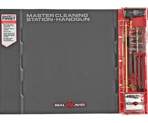 Real Avid MasterCleaning Station Handgun kit in a dark gray case with a red tool storage tray on the right, showing cleaning tools ready for use.