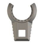 C-shaped clamp component with serrated inner edge and a square mounting opening at the base, gray color