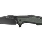 Black tactical folding knife with a green patterned handle and the Real Avid branding on the blade.