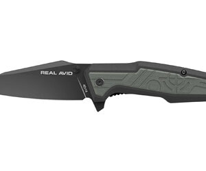 Black tactical folding knife with a green patterned handle and the Real Avid branding on the blade.