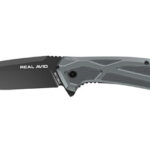 Folding knife with gray skeletonized handle and black drop-point blade, Real Avid branding visible on blade.