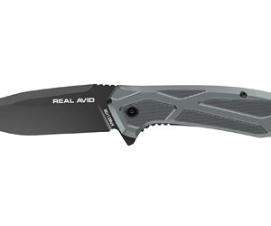 Folding knife with gray skeletonized handle and black drop-point blade, Real Avid branding visible on blade.