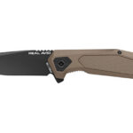 Folding knife with tan handle and black blade, Real Avid branding.