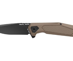 Folding knife with tan handle and black blade, Real Avid branding.