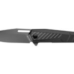 Folding tactical knife with a dark gray blade, carbon-fiber textured black handle, side opening slot, and a red lanyard at the butt.