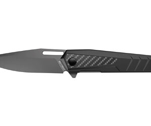 Folding tactical knife with a dark gray blade, carbon-fiber textured black handle, side opening slot, and a red lanyard at the butt.