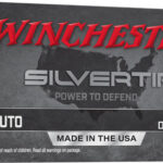 Box of Winchester Silvertip 32 Auto ammo, 60 grain defense JHP, 50 rounds, made in the USA.