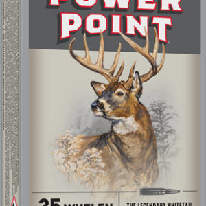 Box of Winchester Power Point 35 Whelen 200 grain deer cartridge with a buck illustration and bold red logo on the label.