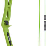 Green and black compound bow with lime-green riser and cables, ready for archery.