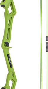 Green and black compound bow with lime-green riser and cables, ready for archery.