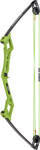 Green and black compound bow with lime-green riser and cables, ready for archery.