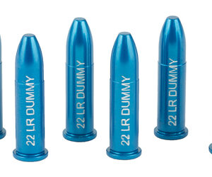 Six blue 22 LR dummy cartridges arranged in a row