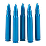 Five blue rifle cartridges standing upright in a row