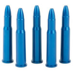 Five blue rifle ammunition cartridges standing upright in a row.