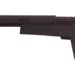 Side view of a maroon collapsible rifle buttstock with an adjustable stock.