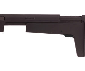 Side view of a maroon collapsible rifle buttstock with an adjustable stock.