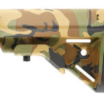 Camouflage-pattern adjustable rifle buttstock with cheek rest. Visual: side view of a camo rifle stock component.