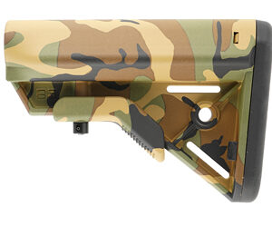 Camouflage-pattern adjustable rifle buttstock with cheek rest. Visual: side view of a camo rifle stock component.