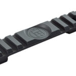 Black Picatinny rail segment with evenly spaced slots for mounting accessories on a firearm.