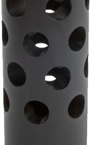 Black cylindrical perforated tube with evenly spaced circular holes along its length and hollow interior.
