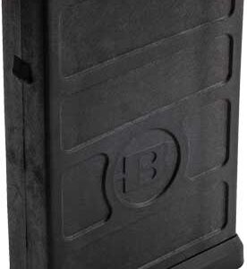 Black polymer rifle magazine with a textured body, standing upright on its base plate.