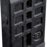 Black handgun magazine standing upright, a detachable ammunition clip for a semi-automatic pistol