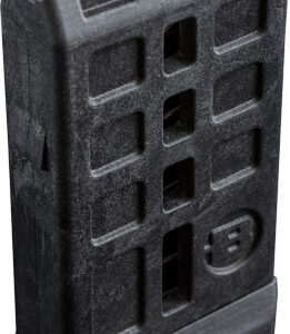 Black handgun magazine standing upright, a detachable ammunition clip for a semi-automatic pistol
