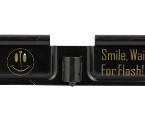 Close-up of a camera flash unit with a smiley icon and the phrase 'Smile, Wait For Flash!'