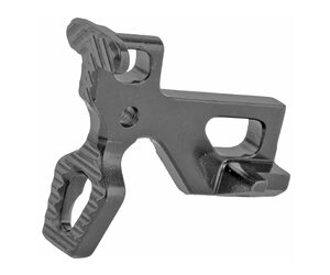 Metal bracket with two hook-like openings and multiple mounting holes; a complex machined component.