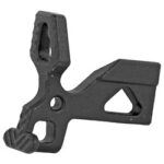 Gray, angular mechanical part with multiple cutouts and a protruding curved end.