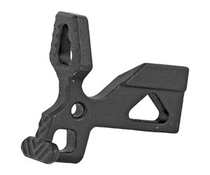 Gray, angular mechanical part with multiple cutouts and a protruding curved end.