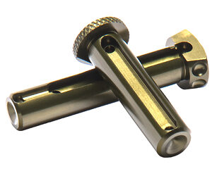 Crossed metal rods forming a small handheld tool with a knurled adjustment knob on top and hollow ends.