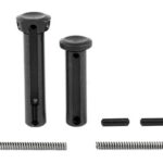 Set of black metal hardware: two tall cylindrical components with holes, two shorter hollow cylinders, two small pins, and two long springs.