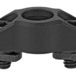 Black plastic mounting block with a central circular hole and two exposed bolts for securing a round tube or post.