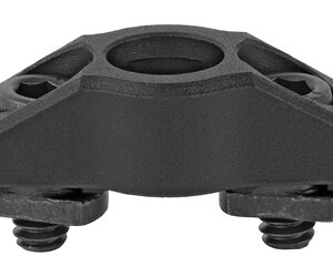 Black plastic mounting block with a central circular hole and two exposed bolts for securing a round tube or post.