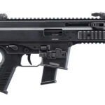 Black tactical assault rifle with a full-length Picatinny rail, foregrip, and pistol grip seen in profile.