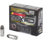 Box of Barnes TAC-XPD Defense Ammunition with two bullets displayed in front of the box.