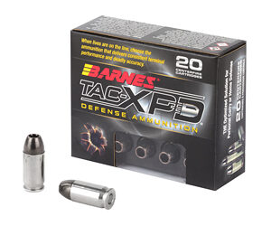 Box of Barnes TAC-XPD Defense Ammunition with two bullets displayed in front of the box.