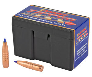 Black plastic ammo storage box with two orange training rounds placed nearby; blue label visible on box side.