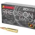 Box of Barnes Precision Match 20 centerfire rifle cartridges with two copper bullets shown beside it.