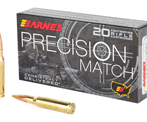 Box of Barnes Precision Match 20 centerfire rifle cartridges with two copper bullets shown beside it.