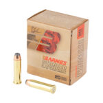 Box of Barnes Pioneer ammunition with two brass rifle rounds beside it