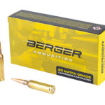 Yellow Berger Ammunition box labeled '20 Match Grade' with two copper rifle bullets beside it.