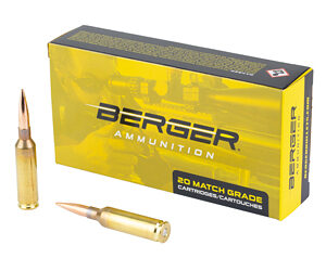 Yellow Berger Ammunition box labeled '20 Match Grade' with two copper rifle bullets beside it.