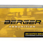 Gold BerGer Ammunition box with 'BERGER AMMUNITION' and '20 MATCH GRADE CARTRIDGES/CARTOUCHES' printed on it.