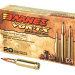 Box of Barnes VORTX Ammunition with three rifle bullets standing upright and one bullet lying in front; box shows '20 cartridge' label and desert-themed design.