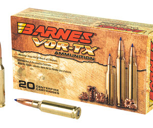 Box of Barnes VORTX Ammunition with three rifle bullets standing upright and one bullet lying in front; box shows '20 cartridge' label and desert-themed design.