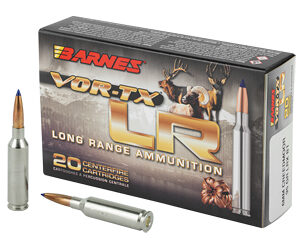 Box of Barnes VOR-TX LR long-range ammunition with two bullets shown beside it (20 rounds).
