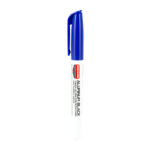White dry-erase marker with a blue cap and clip standing upright on a white background