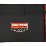 Black Birchwood Casey parts tray with five orange compartments on the right, used to organize tools or parts.